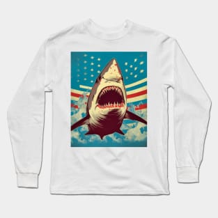 American Flag Patriotism and Freedom Great White Shark Long Sleeve T-Shirt